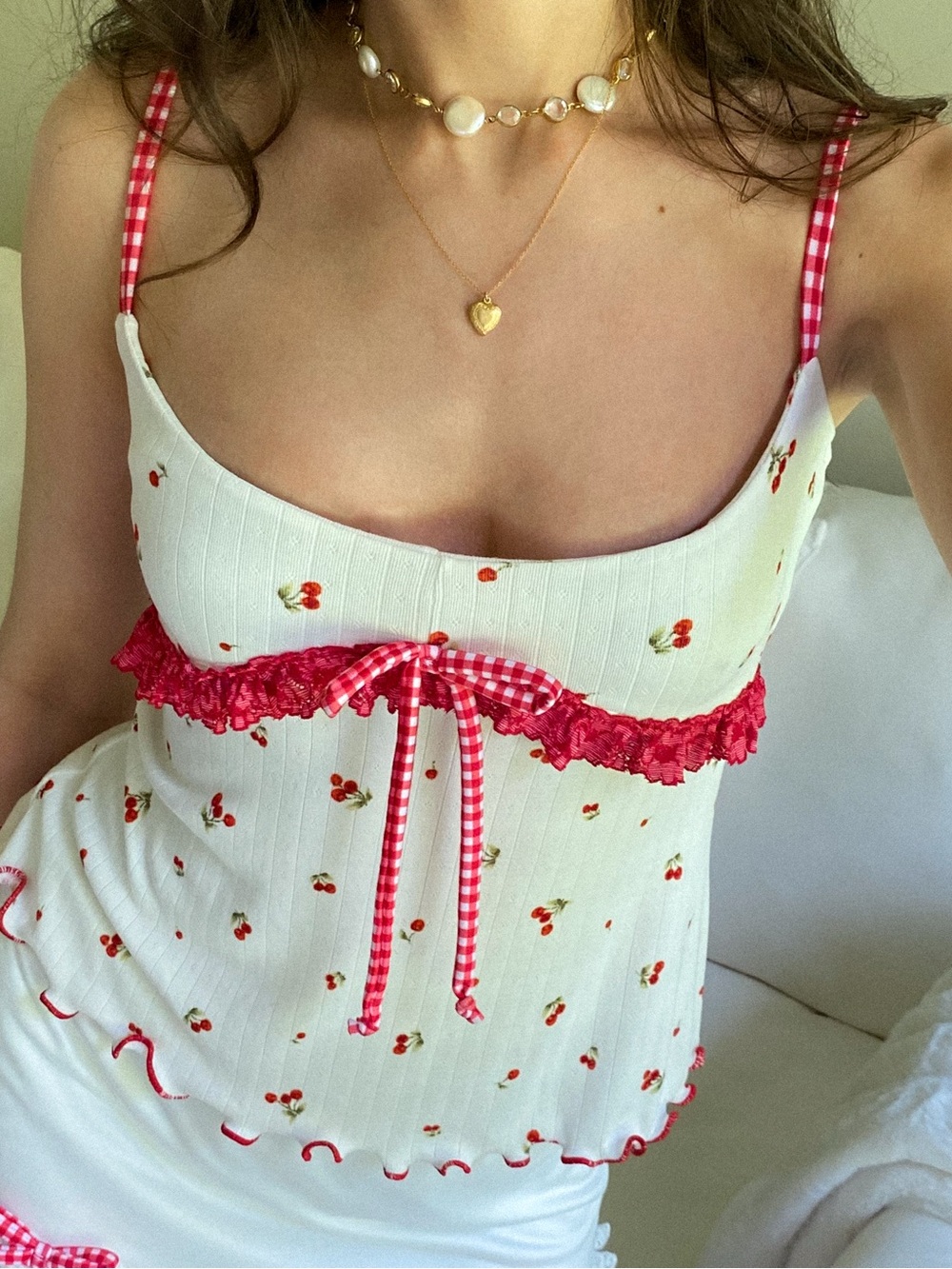 Handmade White Cherry Print Cami with Red Gingham Trim